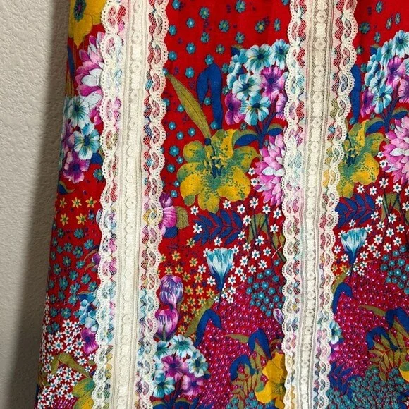 VTG 70s Tumbleweeds Maxi Skirt M/L Lace Red Floral Bohemian Cottagecore - Picture 5 of 9